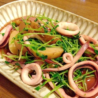 イカとジャガイモと豆苗のバター醤油炒め